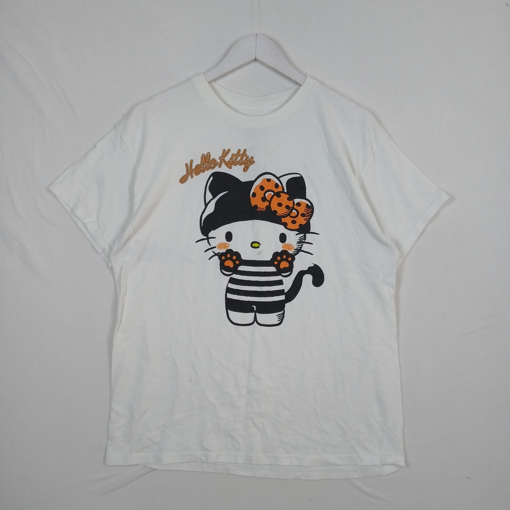 Hello Kitty Sanrio Graphic T-Shirt White Black Orange Cat Costume M/L SIL-34452